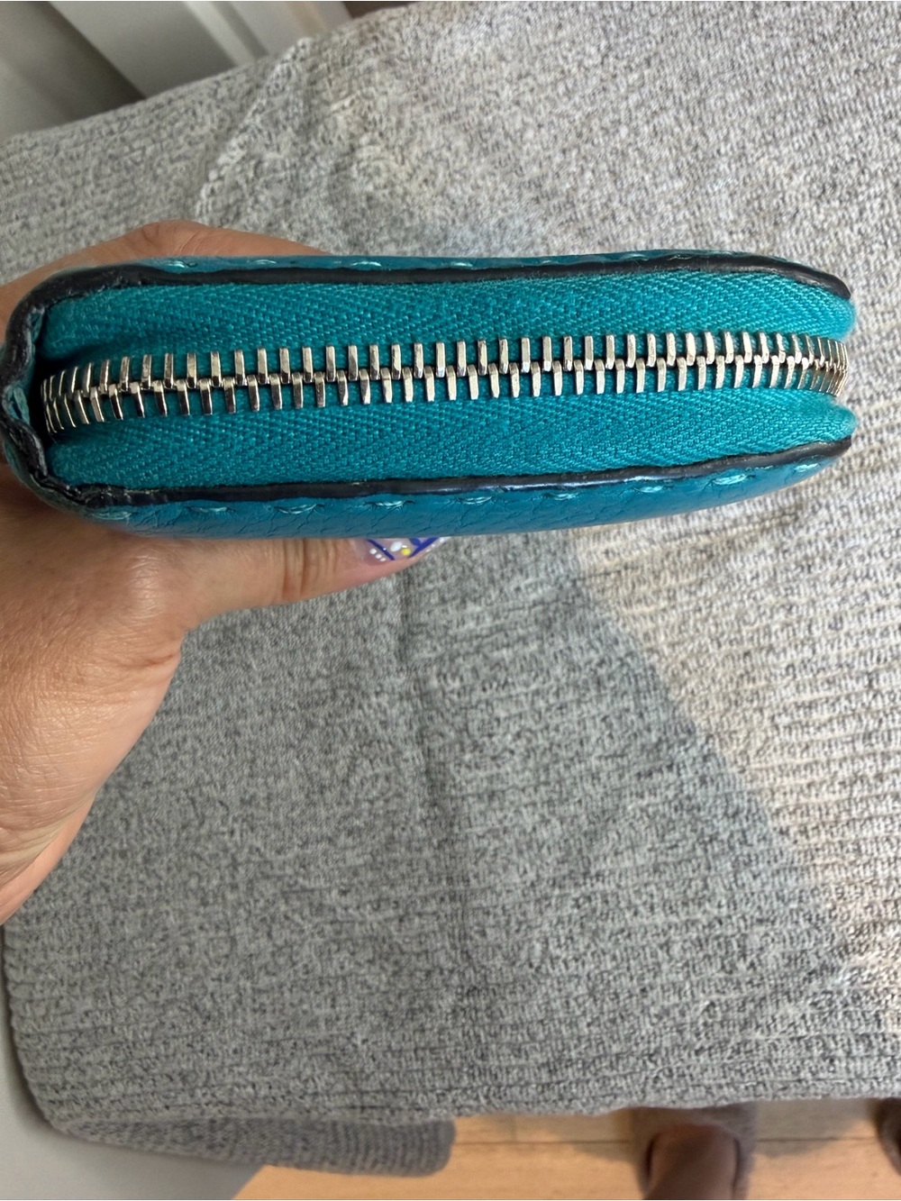 Fendi Selleria Roman Leather Large Zip around wallet. Teal/Peacock Blue - Picture 9 of 15